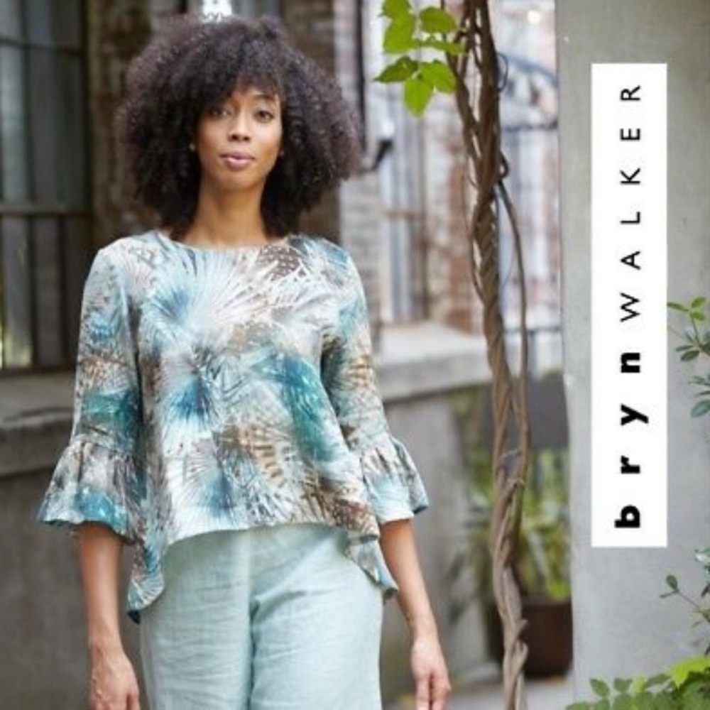 Bryn Walker Palma Linen Fran Ruffle Top XS Tropical Palm Floral Teal Tan Brown